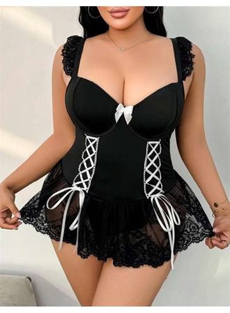 Özel Tasarım Büyük Beden Siyah Dantel İşlemeli Fantezi Hizmetçi Kostümü