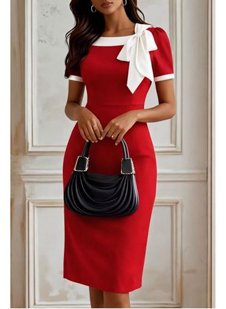 Kadın Kısa Kollu Yakadan Süs Bağcıklı Kısa Ithal Krep Elbise