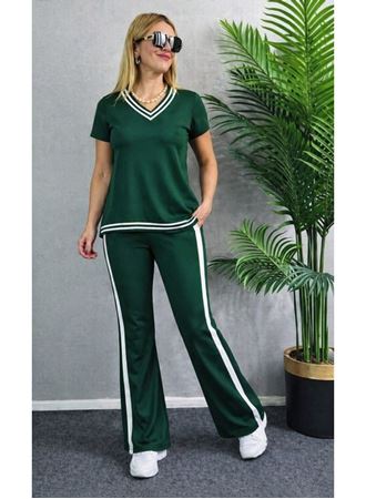 Kadın Kısa Kollu V Yakalı Viskon Iki Iplik Bluz Ve Pantolon Ikili Takım