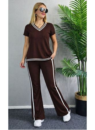 Kadın Kısa Kollu V Yakalı Viskon Iki Iplik Bluz Ve Pantolon Ikili Takım