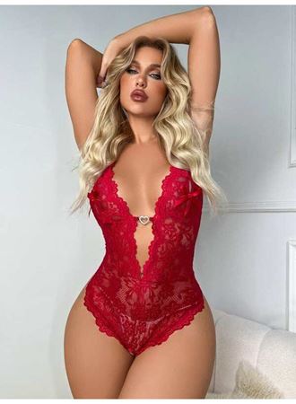 Metal Kalp Aksesuarlı Fantezi Dantelli Kırmızı Body