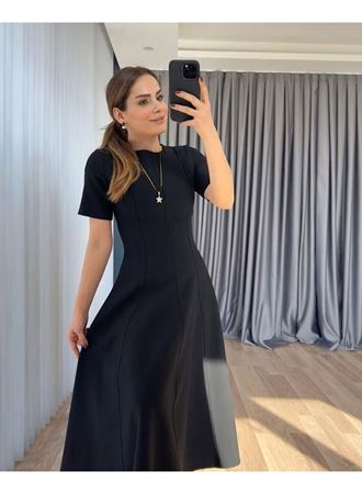 Kadın Kısa Kollu Bisiklet Yaka Maksi Boy Ithal Krep Elbise