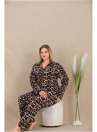 Büyük Beden Leopar Desenli Düğmeli Uzun Kol Viskon Pijama Takımı