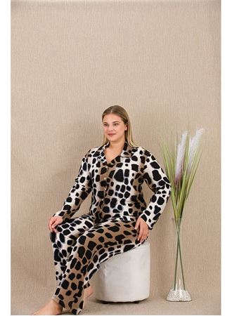 Büyük Beden Siyah Benekli Düğmeli Uzun Kol Viskon Pijama Takımı