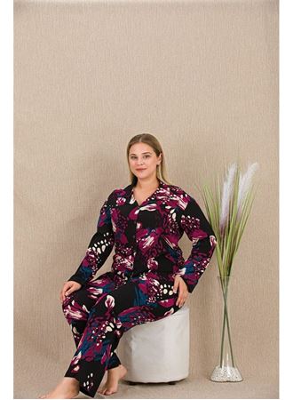 Büyük Beden Renkli Desenli Düğmeli Uzun Kol Viskon Pijama Takımı