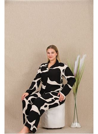Büyük Beden Siyah Beyaz Desenli Düğmeli Uzun Kol Viskon Pijama Takımı