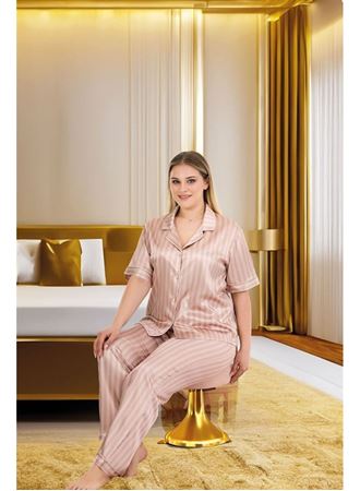 Büyük Beden Şık Tasarım Vizon Çizgili Düğmeli Kısa Kol Lüx Saten Pijama Takımı