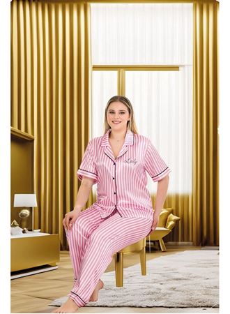 Büyük Beden Şık Tasarım Pembe Çizgili Düğmeli Kısa Kol Lüx Saten Pijama Takımı