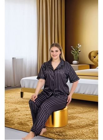 Büyük Beden Şık Tasarım Siyah Çizgili Düğmeli Kısa Kol Lüx Saten Pijama Takımı
