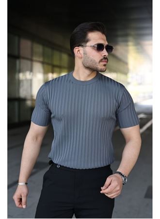Erkek Fitilli Bisiklet Yaka Kısa Kollu Tişört
