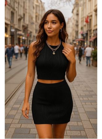 Kadın Sıfır Kol Crop Mini Etek Ikili Triko Takım