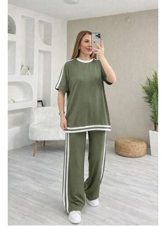 Kadın Kısa Kollu Bisiklet Yaka çift Renk şerit Detaylı Viskon Iki Iplik Bluz Ve Pantolon Ikili Takım
