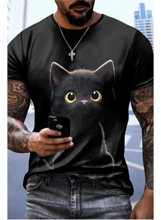 Erkek Bisiklet Yaka Kedi Baskılı Süprem T-shirt
