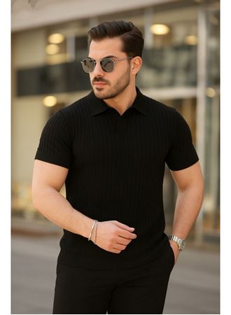 Erkek Kısa Kollu Yakalı çizgi Desenli Triko Bluz