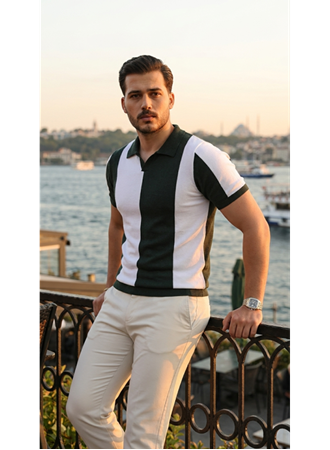 Erkek Kısa Kollu Polo Yakalı Blok Desenli Triko Bluz