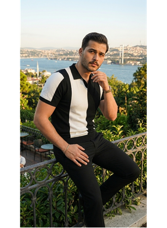 Erkek Kısa Kollu Polo Yakalı Blok Desenli Triko Bluz