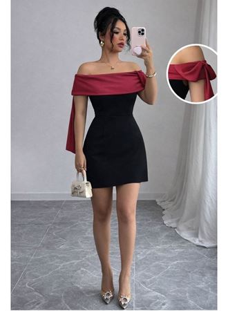 Kadın Madonna Yakalı Kurdela Detaylı Kısa Ithal Krep Elbise