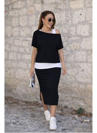 Kadın Askılı Yuvarlak Yakalı Viskon Bluz Ve Tek Omuzdan Açık Viskon Iki Iplik Bluz Ve Etek üçlü Takım