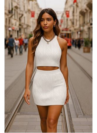 Kadın Sıfır Kol Crop Mini Etek Ikili Triko Takım