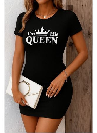 Kadın Kısa Kollu Queen Baskı Iki Iplik Mini Elbise