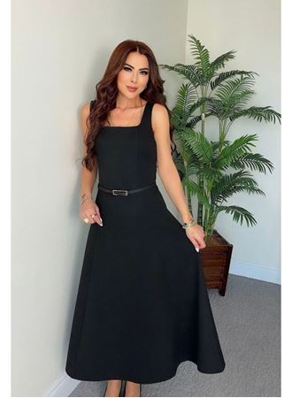 Kadın Askılı Kare Yakalı Kemersiz A şeklinde Gelen Uzun Ithal Krep Elbise