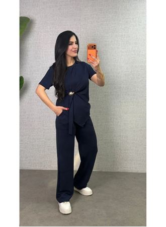Kadın Kısa Kollu Bisiklet Yaka Yandan Toka Detaylı Viskon Iki Iplik Bluz Ve Pantolon Ikili Takım