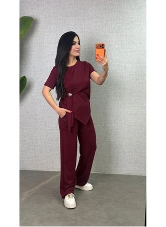 Kadın Kısa Kollu Bisiklet Yaka Yandan Toka Detaylı Viskon Iki Iplik Bluz Ve Pantolon Ikili Takım