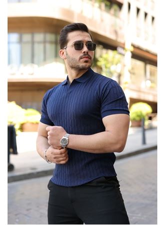 Erkek Örgü Desen Yakalı Kısa Kollu Triko Tişört