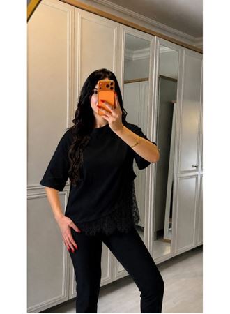 Kadın Kısa Kollu Bisiklet Yakalı Dantel Detaylı Viskon Iki Iplik Bluz