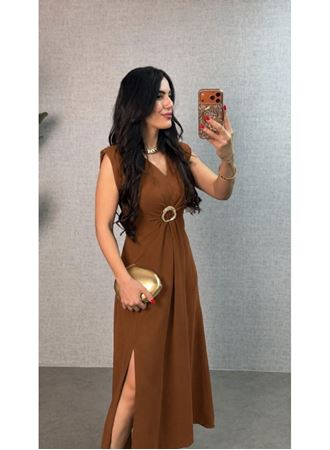 Kadın Kısa Kollu Vatkalı önden Tokalı Yandan Yırtmaçlı Uzun Ithal Krep Elbise