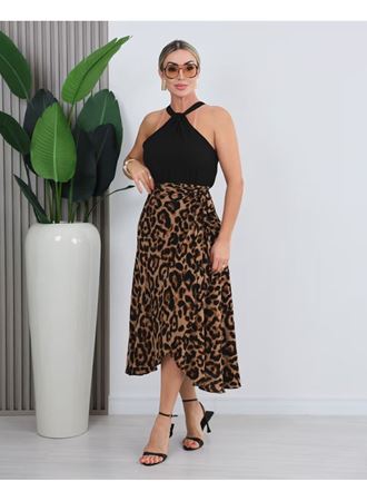 Kadın önden Bağlamalı Leopar Desenli Süprem Uzun Etek