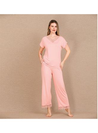 Viskon Şık Tasarım Dantel İşlemeli Açık Pembe Kısa Kol Pijama Takımı