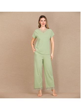 Pamuklu Şık Tasarım Dantel İşlemeli Yeşil Kısa Kol Pijama Takımı