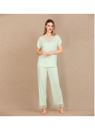 Viskon Şık Tasarım Dantel İşlemeli Açık Yeşil Kısa Kol Pijama Takımı