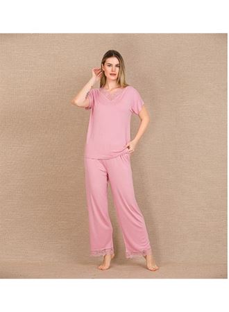 Viskon Şık Tasarım Dantel İşlemeli Pembe Kısa Kol Pijama Takımı