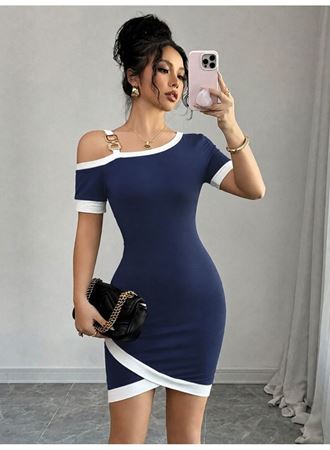 Kadın Kısa Kollu Asimetrik Kesim Yaka şerit Ve Aksesuar Detaylı Modal Elbise