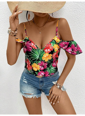 Kadın Askılı Omuzlardan Açık çiçek Baskılı Bluz