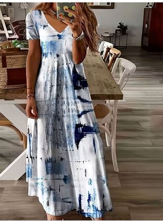 Kadın Kısa Kollu V Yakalı Desenli Uzun Süprem Elbise
