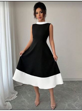 Kadın Bisiklet Yaka çift Renk çan Etek Detay Krep Kumaş Maxi Boy Elbise