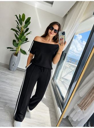 Kadın Tek Omuzdan Açık Yan şerit Detaylı Viskon Iki Iplik Bluz Ve Pantolon Ikili Takım