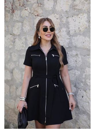 Kadın Kısa Kollı Yakalı önden Fermuarlı Ve Cepli Kısa Modal Elbise