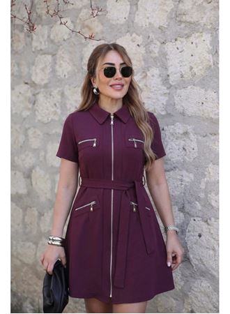 Kadın Kısa Kollı Yakalı önden Fermuarlı Ve Cepli Kısa Modal Elbise