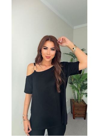Kadın Kısa Kollu Tek Omuzdan Askılı Toka Detaylı Viskon Bluz
