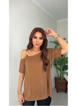 Kadın Kısa Kollu Tek Omuzdan Askılı Toka Detaylı Viskon Bluz