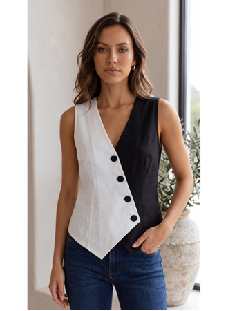 Kadın Sıfır Kol V Yakalı Düğmeli Blok Renkli Atlas Yelek