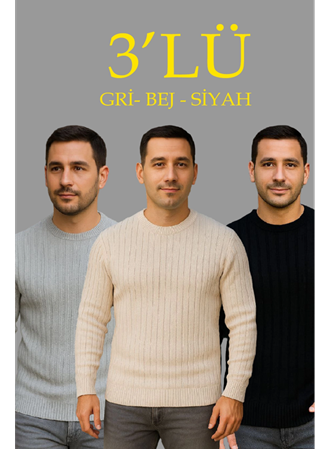 Erkek Fitilli Triko Kazak 3lü Set Bej Gri Siyah Regular Fit Bisiklet Yaka Triko Seti Kazak Modeli