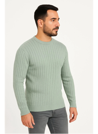 Erkek Bisiklet Yuvarlak Yaka Triko Kazak Pamuklu Kalın Fitilli Dokuma, Regular Fit Uzun Kollu Kışlık Model - Mint Yeşili
