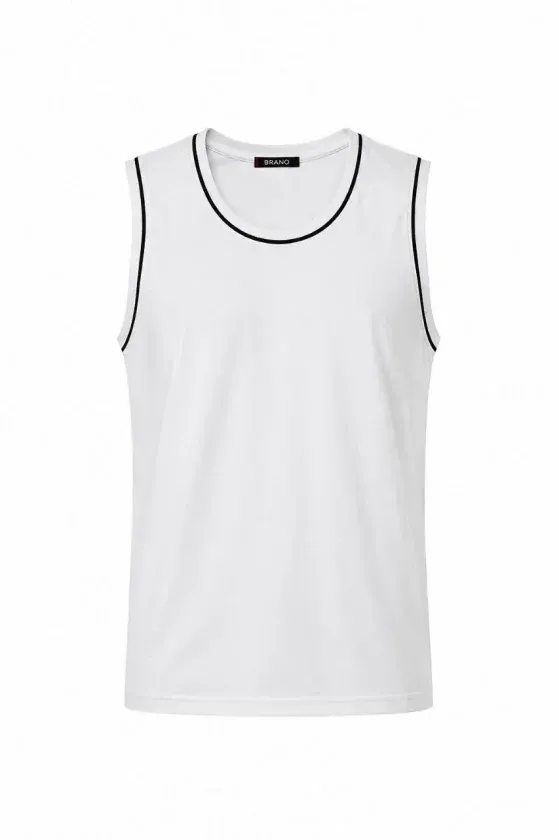 Ön Unisex Pamuklu Bisiklet Yaka Kolsuz Atlet Kontrast Biyeli Regular Fit - Beyaz