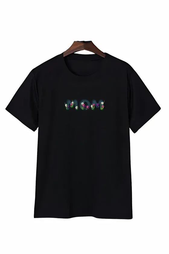 Anneler Günü Mom Çiçek Temalı Baskılı Oversize Bisiklet Yaka T-shirt - Siyah