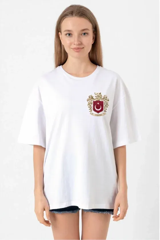 Türk Arma Baskılı Oversize Bisiklet Yaka Günlük T-shirt - Beyaz